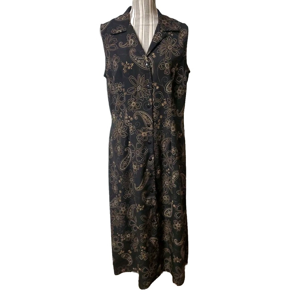 Vtg Studio 1 Long Sleeveless Dress 14 Button Down Browns, Flowers& Paisley Maxi‎